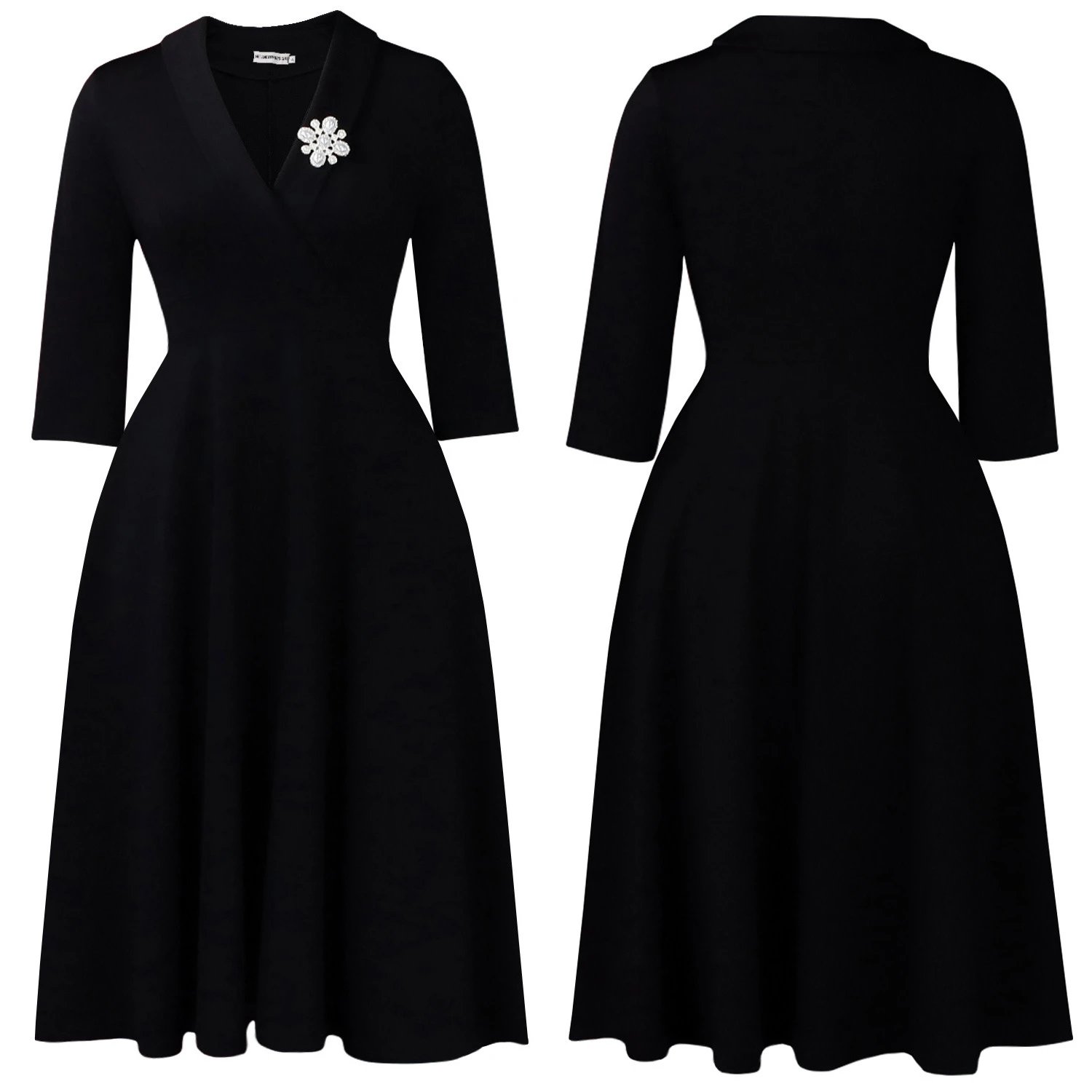 Design Wrap Front Midi Dress with Pearl Brooch in Navy - 60