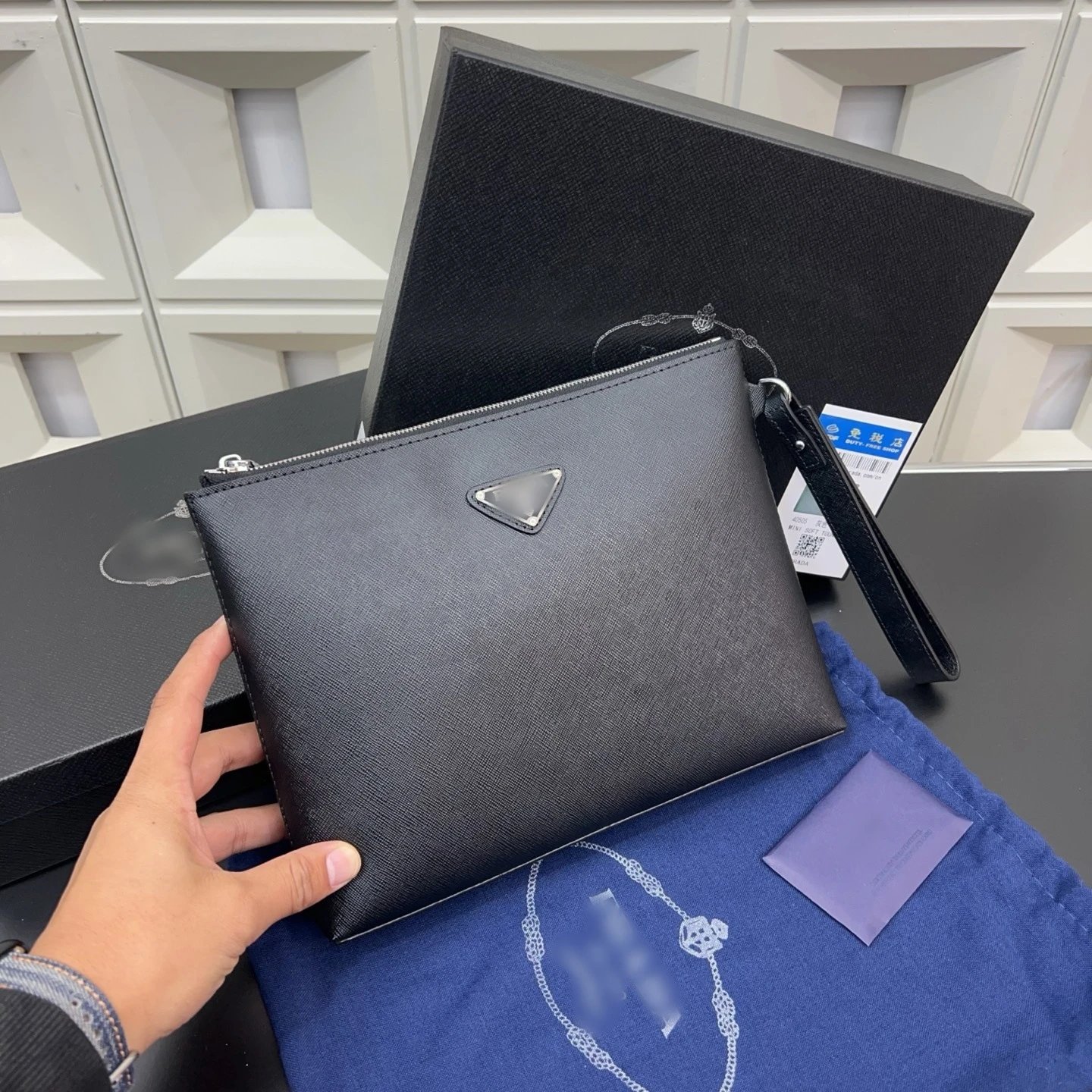 Prada Saffiano Leather Triangle Logo Clutch Black Clutches - 4