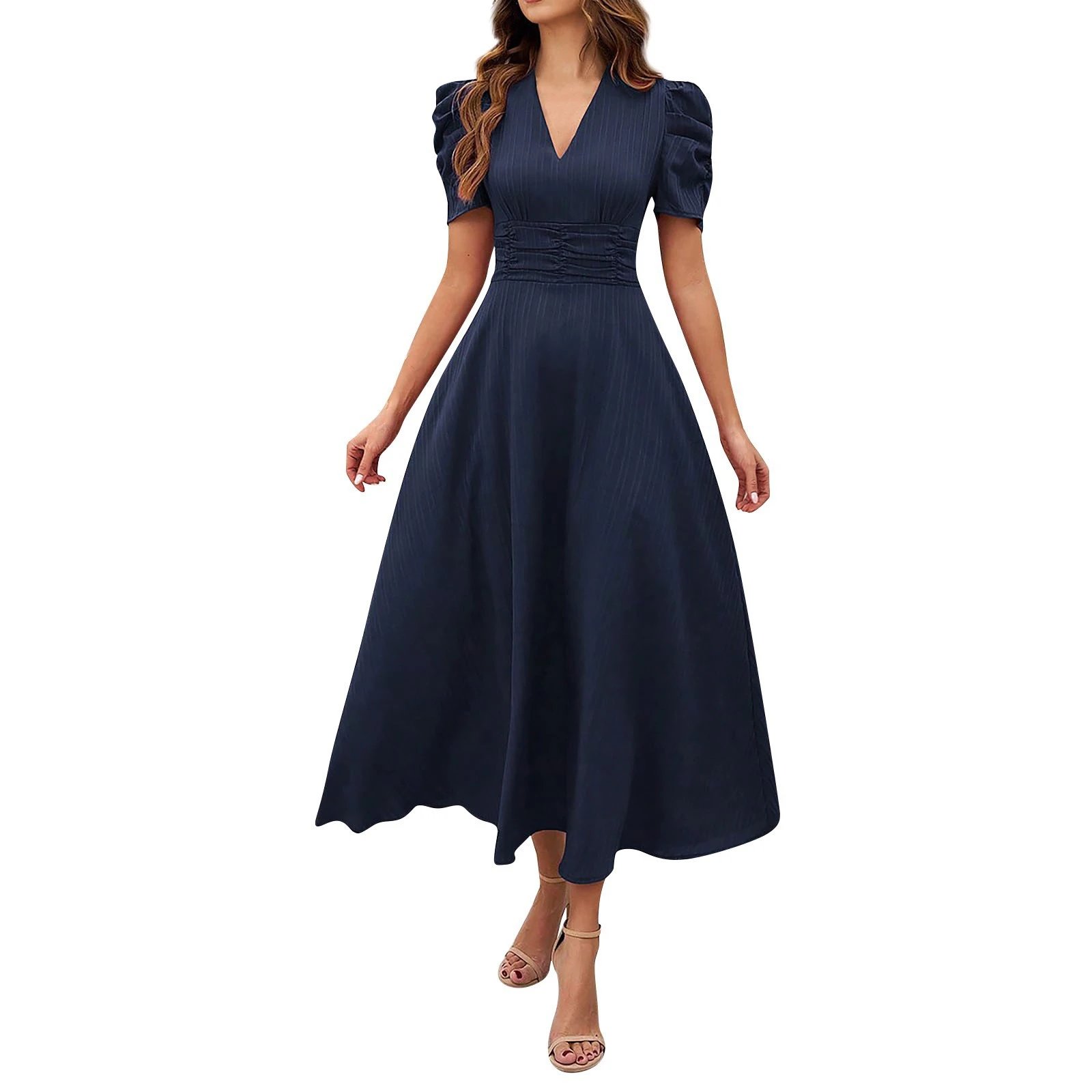 Design A-Line V-Neck Puff Sleeve Midi Dress in Light Blue - 6