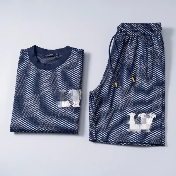 Design Checkerboard Pattern Navy Blue Casual Set - 3