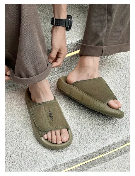 Design Slide Sandal Olive Suede Black Sole Slippers - 5