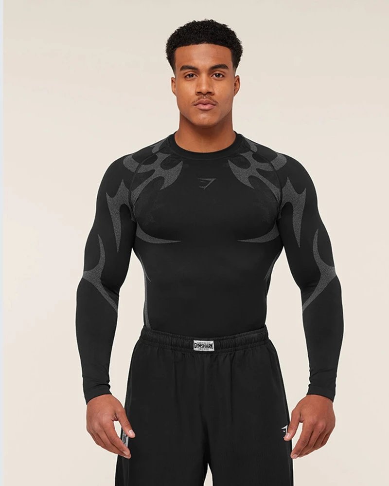 Gymshark Flame Print Long Sleeve Base Layer Gray Red - 17