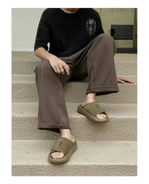Design Slide Sandal Olive Suede Black Sole Slippers - 19