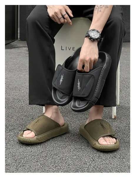 Design Slide Sandal Olive Suede Black Sole Slippers - 3