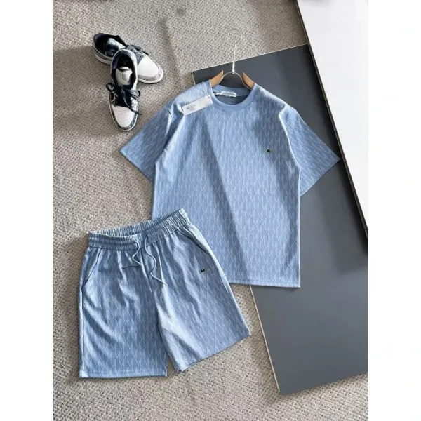 Lacoste T-Shirt and Shorts Set Light Blue Diamond Texture Casual Set - 1