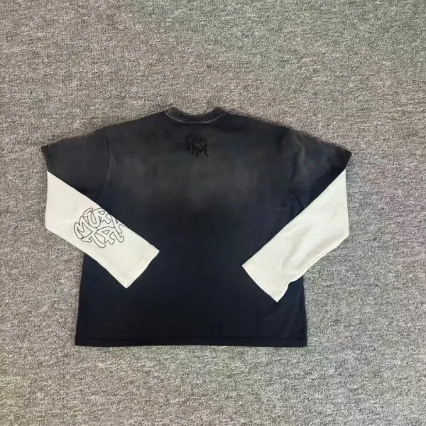 Design Long Sleeve T-Shirt with Contrast Cuffs and Graphic Print Black - 1