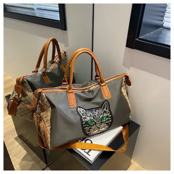 Design Cat Embroidery Sequin Duffle Bag Black - 33