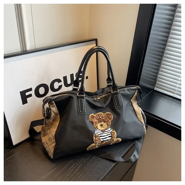 Design Cat Embroidery Sequin Duffle Bag Black - 37
