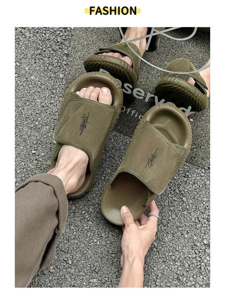 Design Slide Sandal Olive Suede Black Sole Slippers - 22