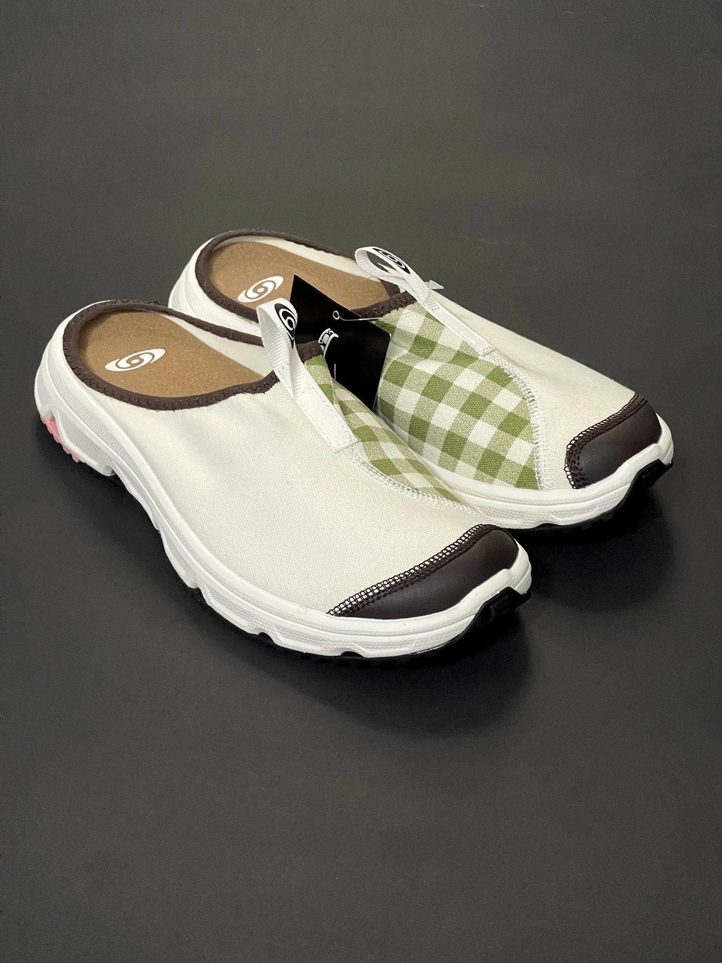 Design Gingham Check Slip-On Mules White Green Casual Shoes