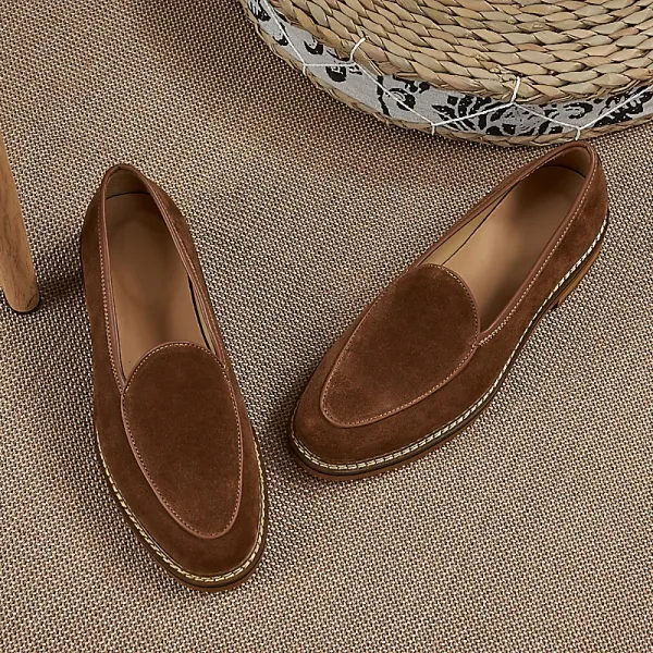Design Suede Loafers Brown with Contrast Stitching Casual Shoes - 12