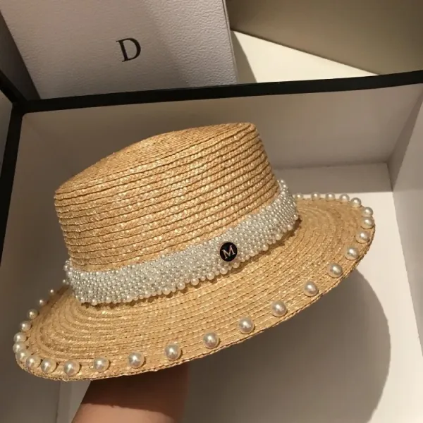 Design Pearl-Embellished Straw Boater Hat Beige Hats - 7