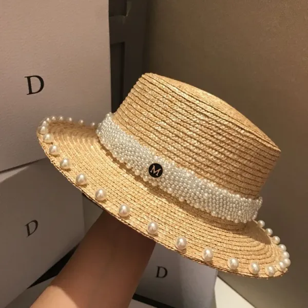 Design Pearl-Embellished Straw Boater Hat Beige Hats - 10