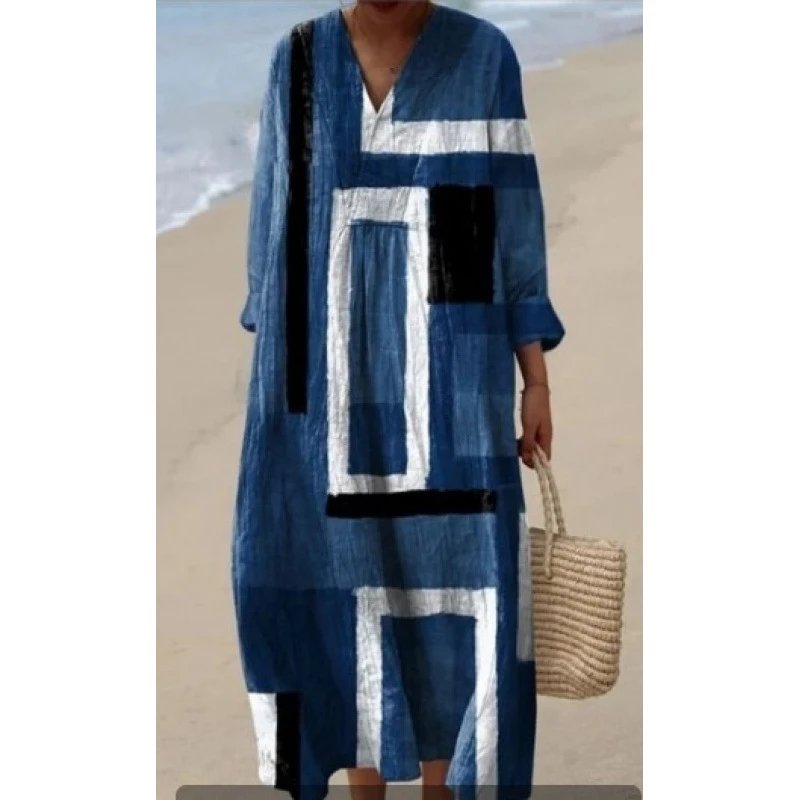 Design Patchwork Linen Blend Maxi Dress Blue White Black - 1