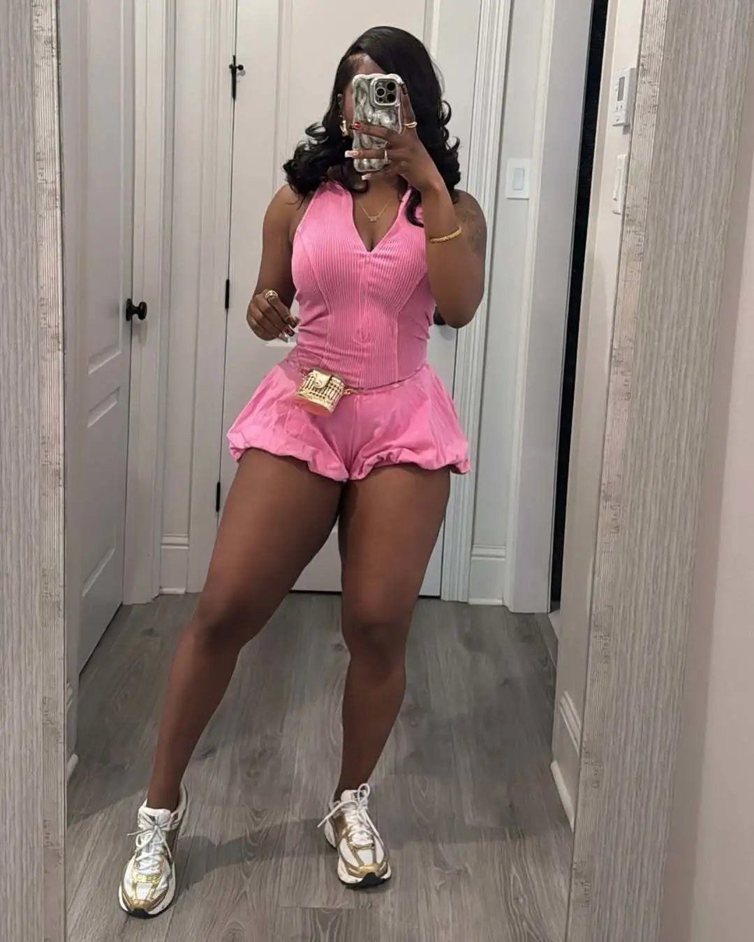 Design Ribbed V-Neck Romper Navy Blue Set - 4