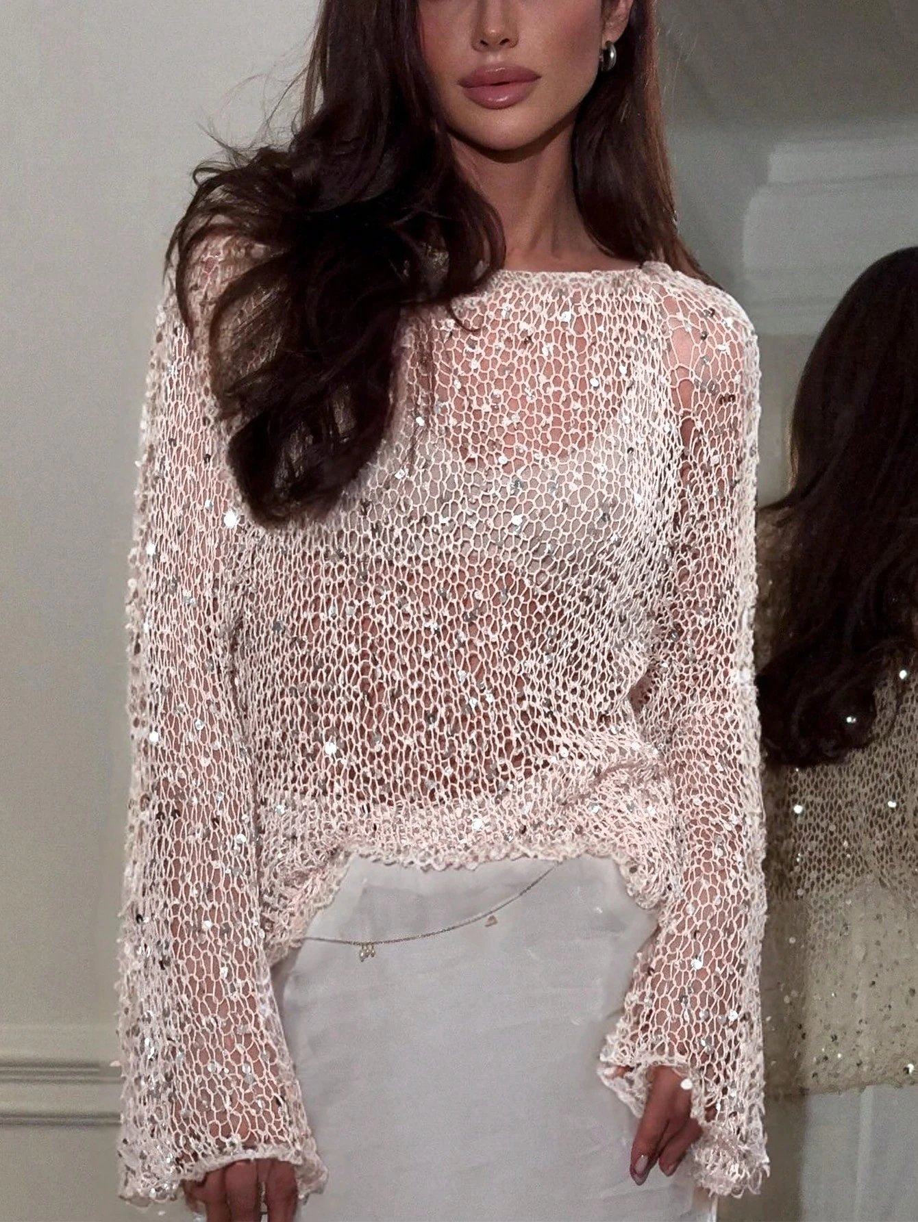 Design Crochet Sequin Top in Ivory - 8