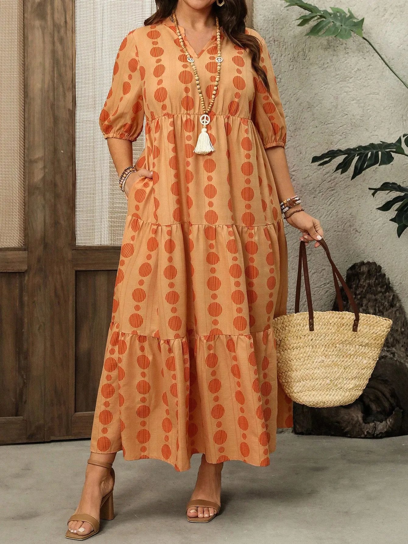 Design Tiered Polka Dot Orange Beige Maxi Dress - 12