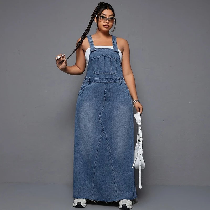 Design Denim Overalls Maxi Dress in Medium Wash Blue Dress - 8