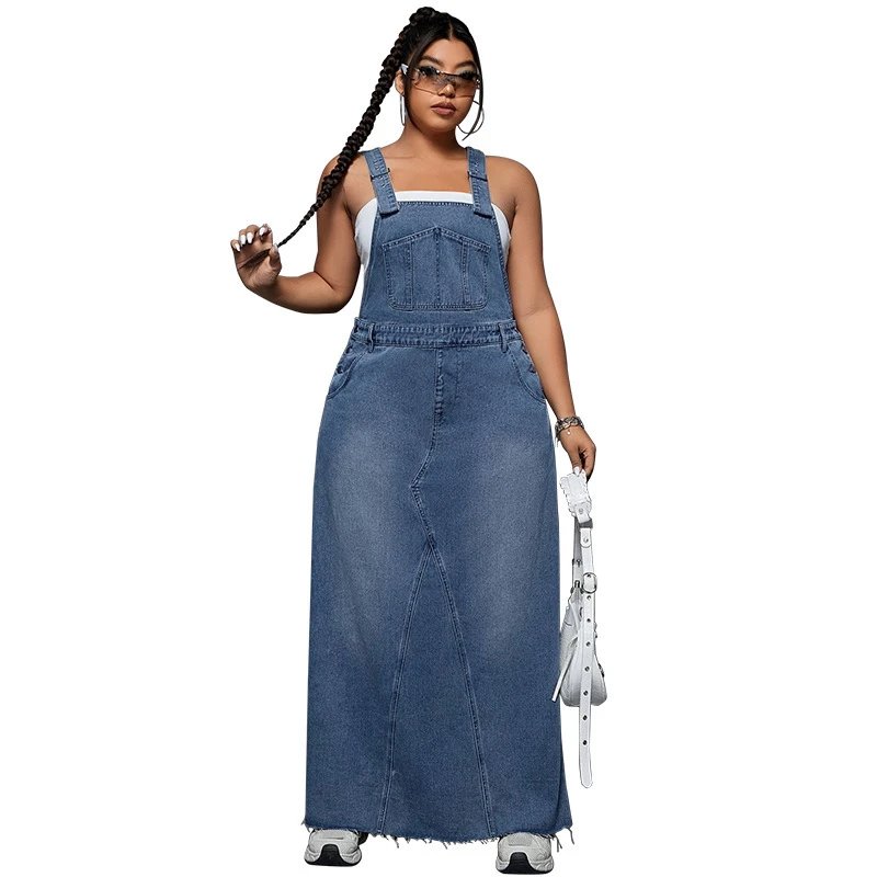Design Denim Overalls Maxi Dress in Medium Wash Blue Dress - 16
