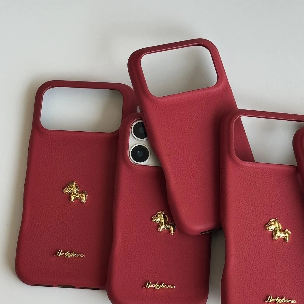 Design Luckyhorse Red Leather Phone Case with Gold Horse Charm Phone Accessories - 4