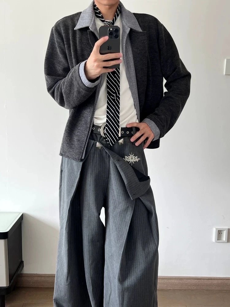 Design Wide-Leg Pinstripe Trousers with Embroidered Motif Gray Pants - 15