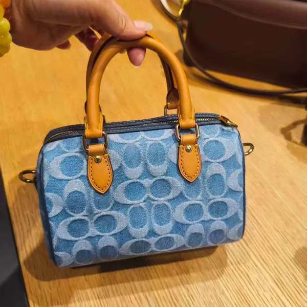 Coach Mini Boston Bag Denim Blue Signature Print Handbag - 4
