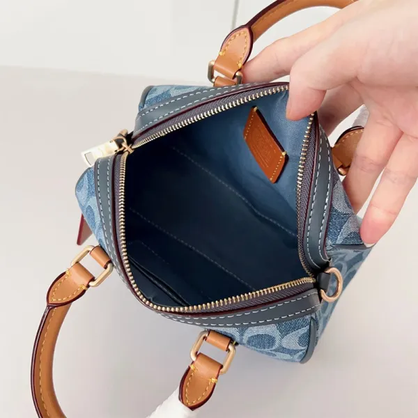 Coach Mini Boston Bag Denim Blue Signature Print Handbag - 7