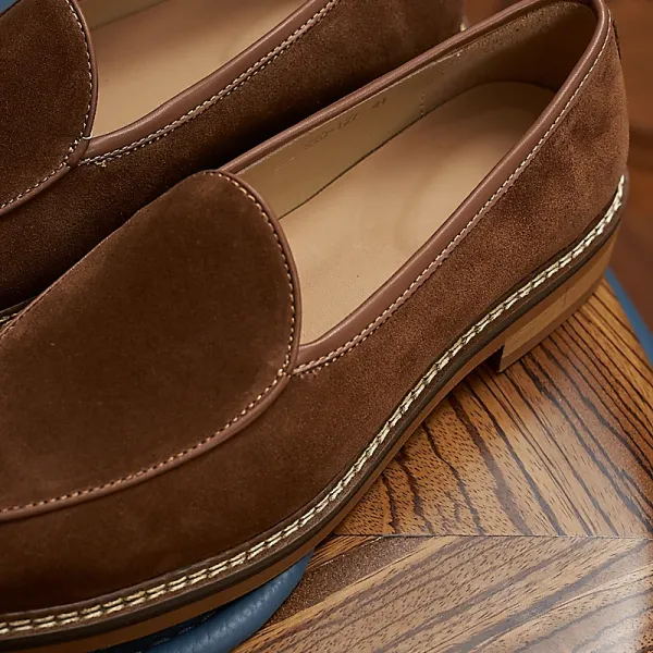 Design Suede Loafers Brown with Contrast Stitching Casual Shoes - 10