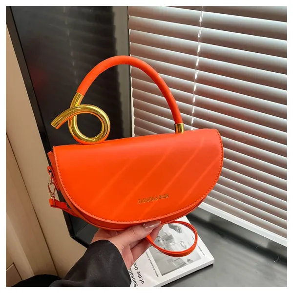 Design Half-Moon Handle Bag Orange with Gold Twist Accent Handbag - 1