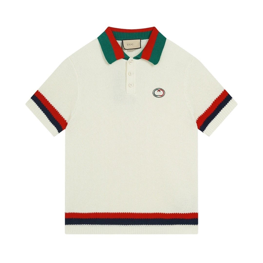 Gucci GUC Striped Knit Polo Navy and White Polo Shirt - 26