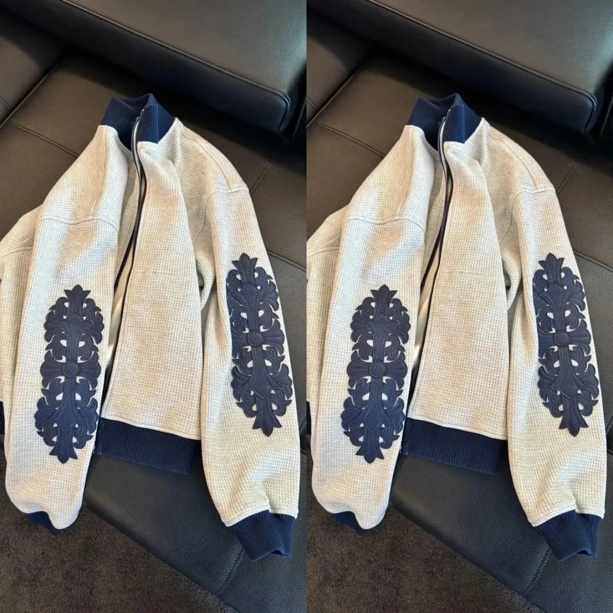 Design LOGR Waffle Knit Jacket with Ornamental Embroidery Beige and Navy Outerwear Outerwear Jacket - 9