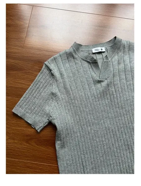 Design Ribbed Knit T-Shirt with Mandarin Collar Black - 16