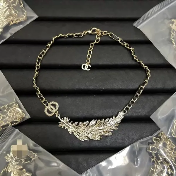 Chanel Feather Pendant Necklace Gold Tone Jewelry - 1