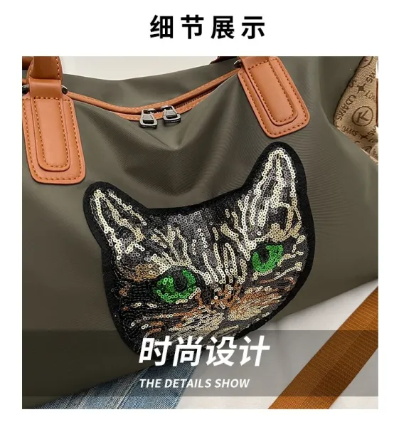 Design Cat Embroidery Sequin Duffle Bag Black - 4