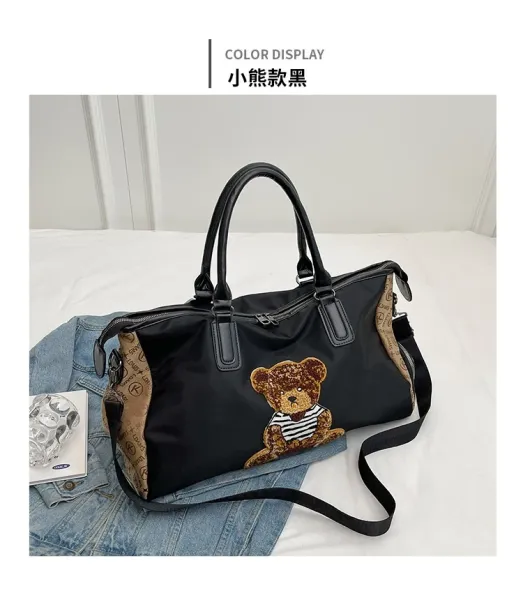 Design Cat Embroidery Sequin Duffle Bag Black - 30