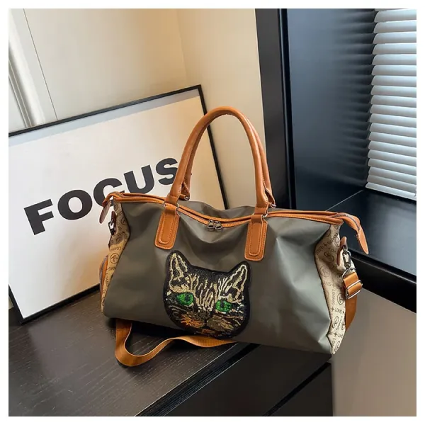 Design Cat Embroidery Sequin Duffle Bag Black - 40