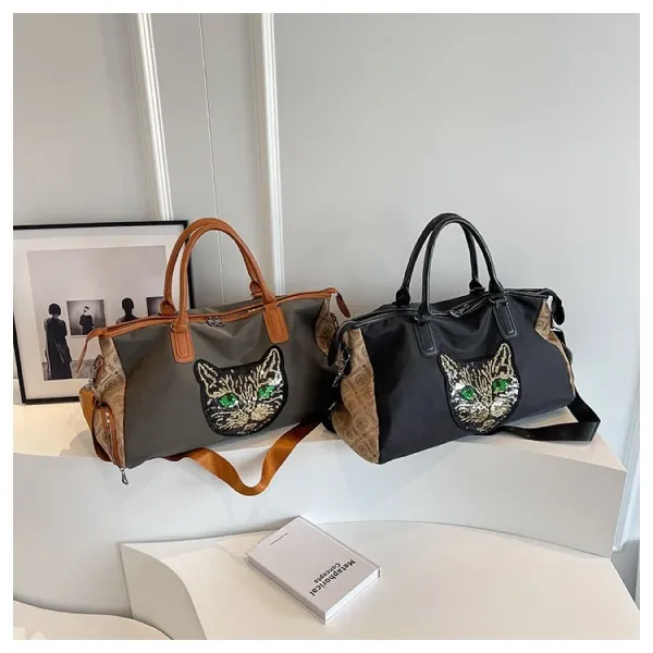 Design Cat Embroidery Sequin Duffle Bag Black - 50