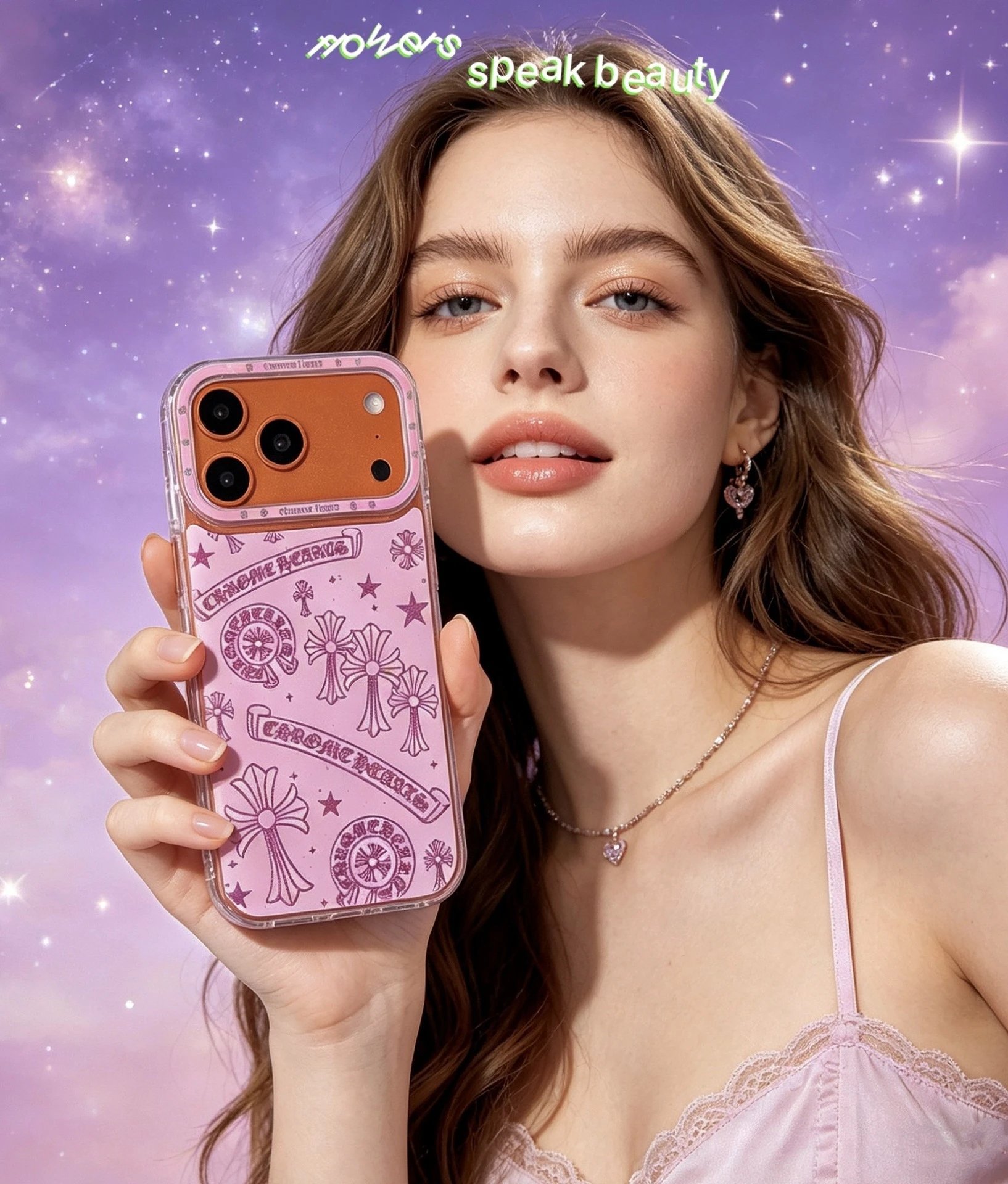 Chrome Hearts Orange Glitter Cross Motif Phone Case - 4