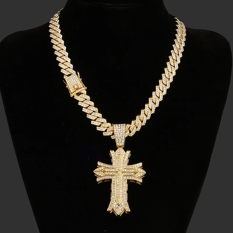 Design Gold Iced-Out Cross Pendant Necklace with Cuban Chain Jewelry - 11