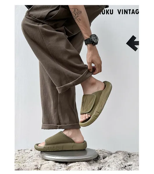 Design Slide Sandal Olive Suede Black Sole Slippers - 7