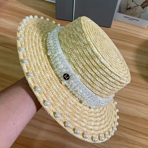Design Pearl-Embellished Straw Boater Hat Beige Hats - 1