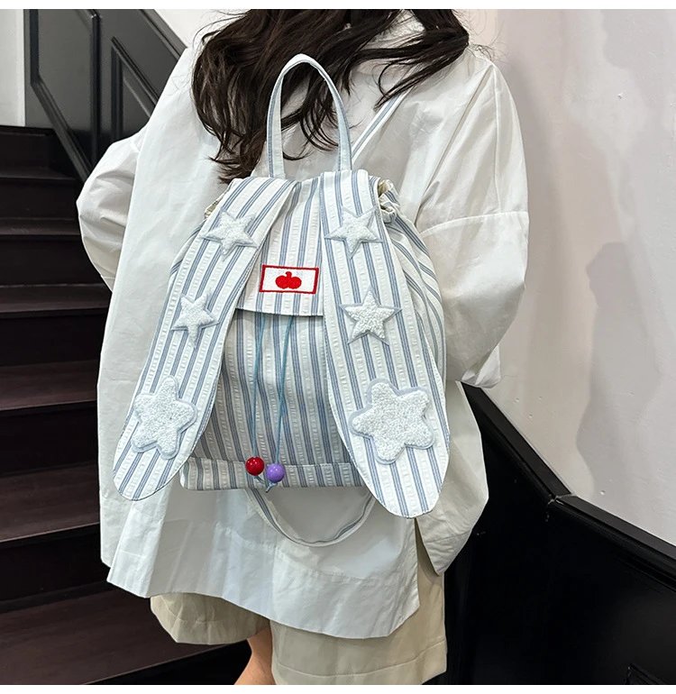 Design Striped Star-Embroidered Bunny Ear Backpack Beige - 15