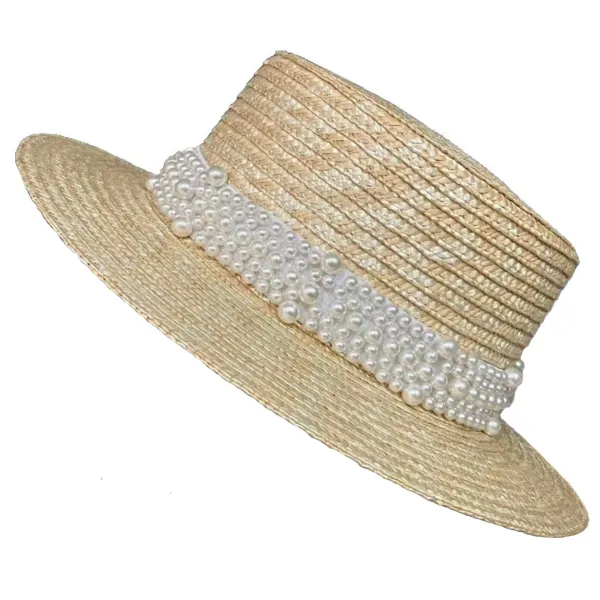 Design Straw Boater Hat with Pearl Embellishment Beige Hat Hats - 1