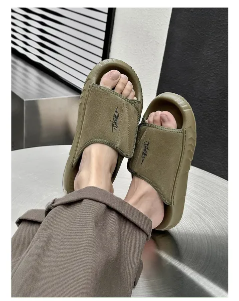 Design Slide Sandal Olive Suede Black Sole Slippers - 12