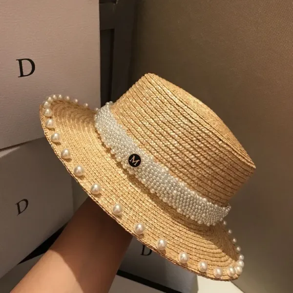 Design Pearl-Embellished Straw Boater Hat Beige Hats - 9