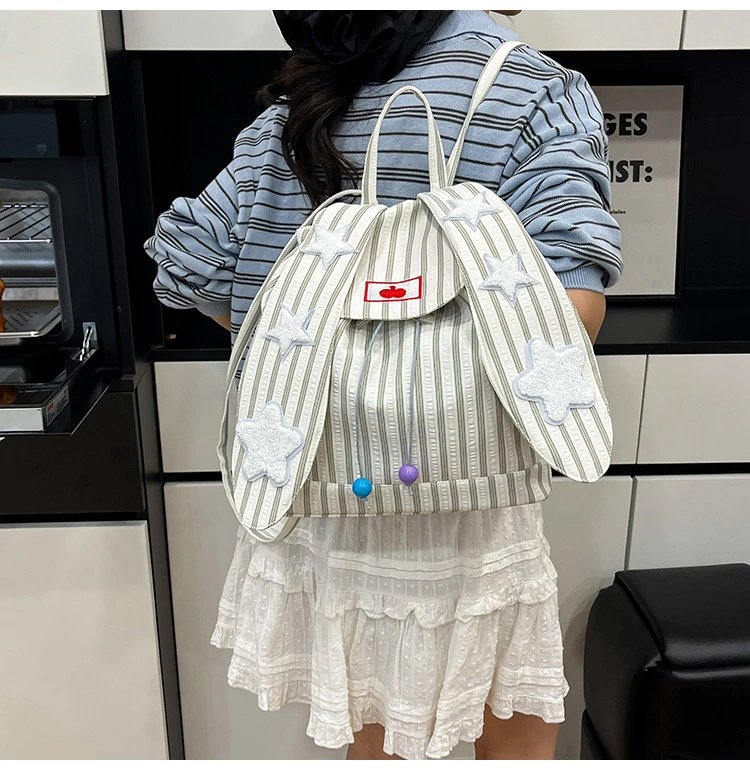 Design Striped Star-Embroidered Bunny Ear Backpack Beige - 22