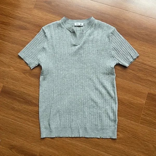 Design Ribbed Henley Knit T-Shirt Gray - 1