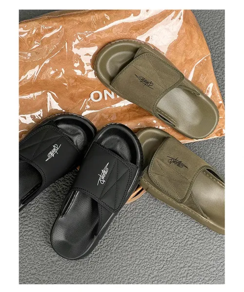 Design Slide Sandal Olive Suede Black Sole Slippers - 20