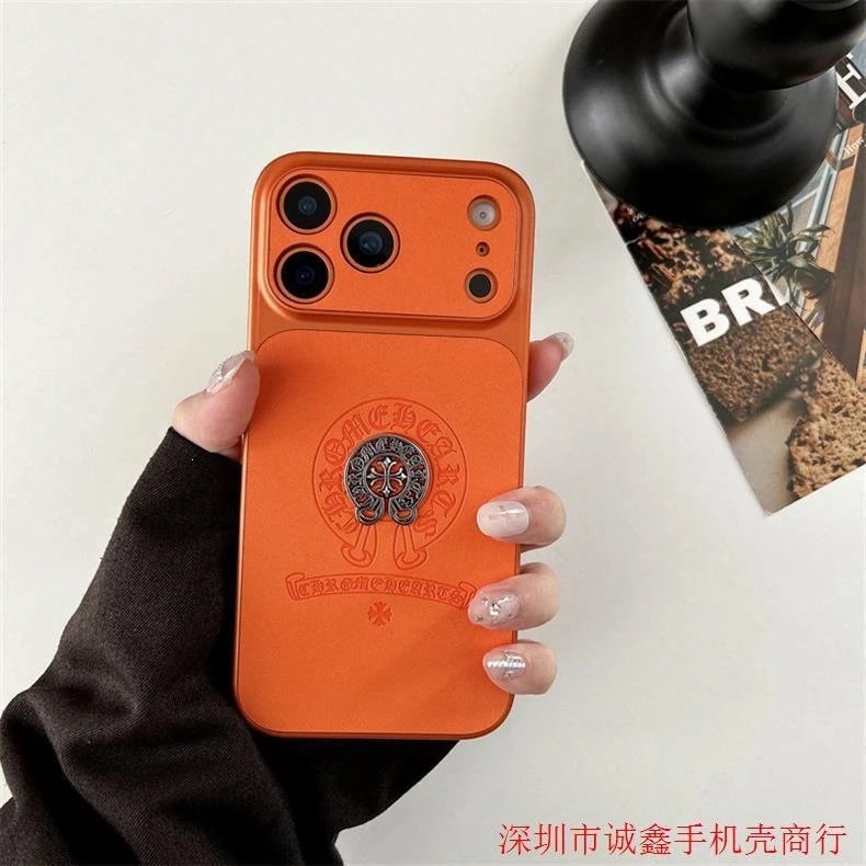 Chrome Hearts Orange Leather Phone Case with Cross Motif - 3