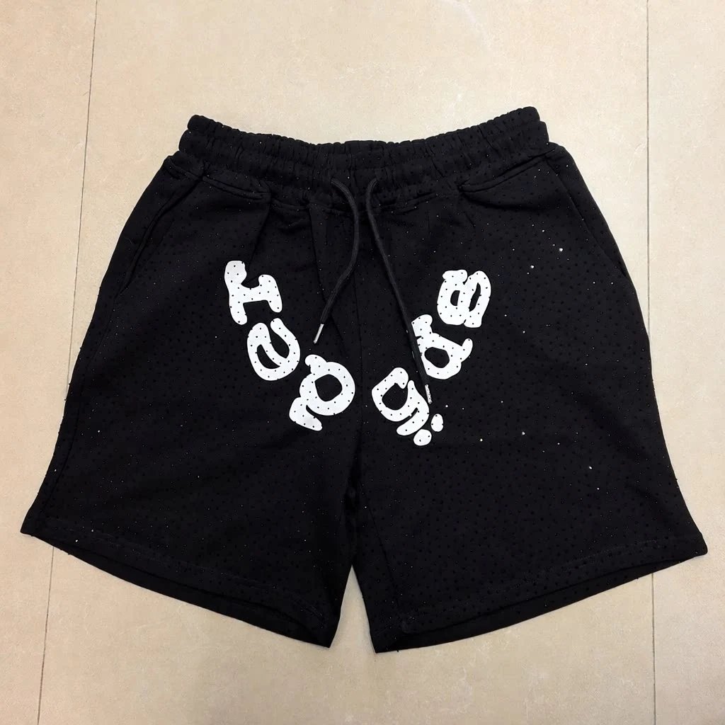 Design Perforated Mesh Shorts in Dusty Blue with Abstract Typography Print - 13